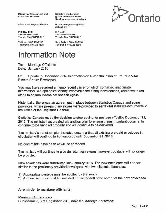 ontario marriage licence letter